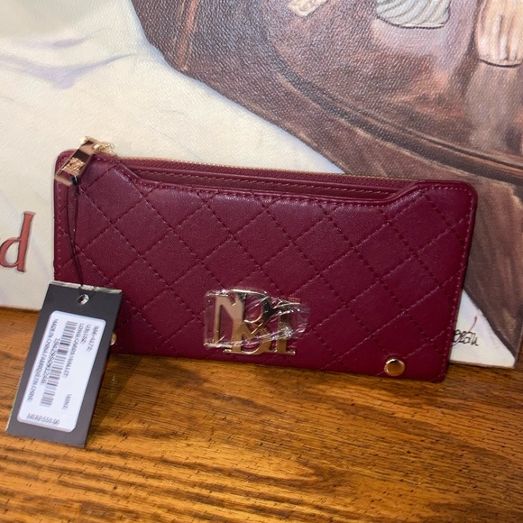 Badgley Mischka Long Wallet NWOT Diamond Quilted Vegan Leather Plum - Picture 2 of 8